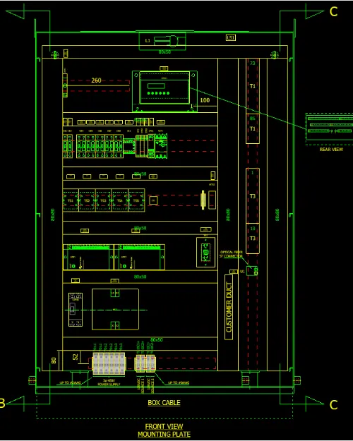Reactor control cabinet drawing, mounting plate front view: monitor at the top, breakers, terminal blocks, power supplies, transformer, and wiring ducts