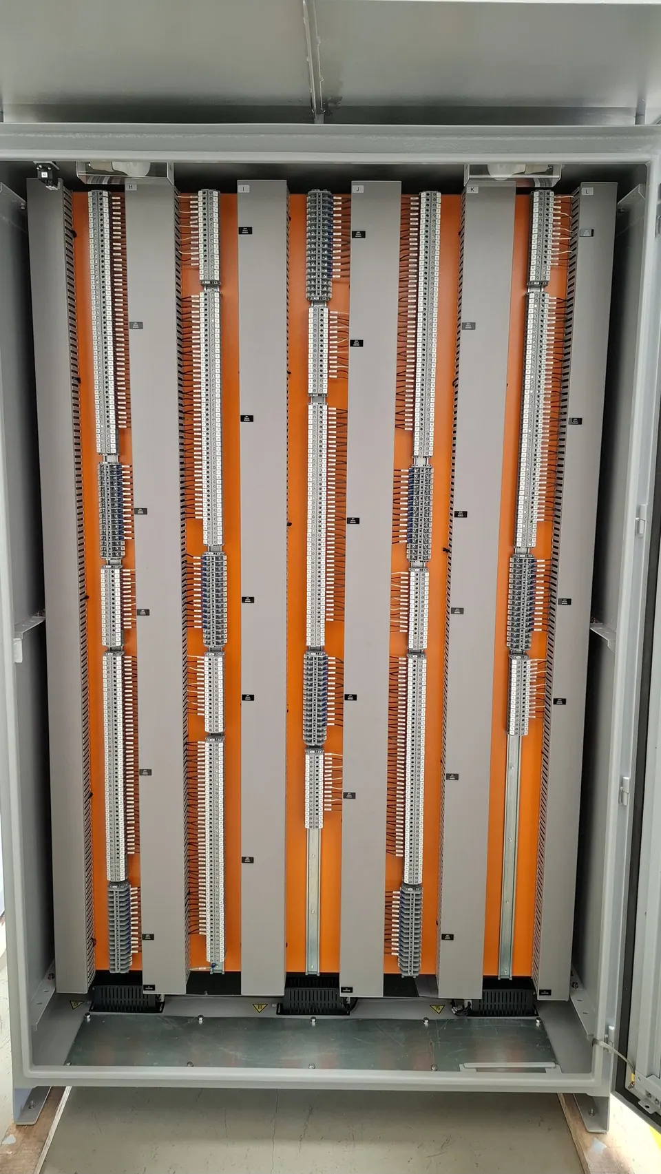 Open cubicle with five terminal strip columns, labeled H through L, between gray wiring ducts on an orange mounting plate