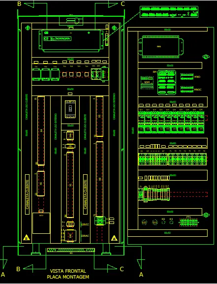 Design drawing, front view: on the left, the mounting plate with relays, terminal blocks, and wiring ducts; on the right, the door with its control devices