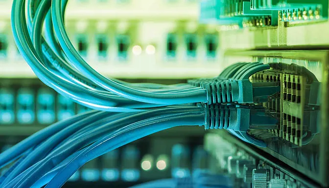Close-up of blue network cables plugged into the ports of an Ethernet switch