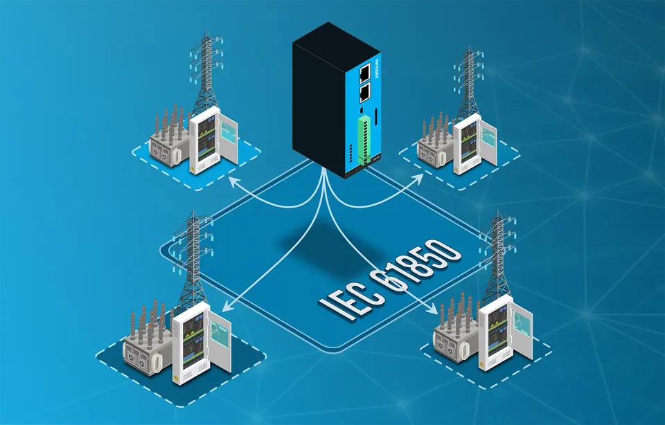 Illustration of a central device connected to four substations, each with a transformer, control cabinet, and transmission tower, over the label IEC 61850