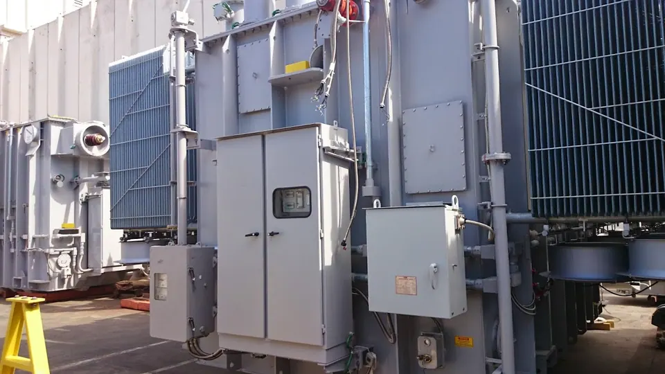 Power transformer control cabinet mounted on the side of the tank next to the radiators, doors closed with a viewing window — end customer Furnas, Ibiúna substation