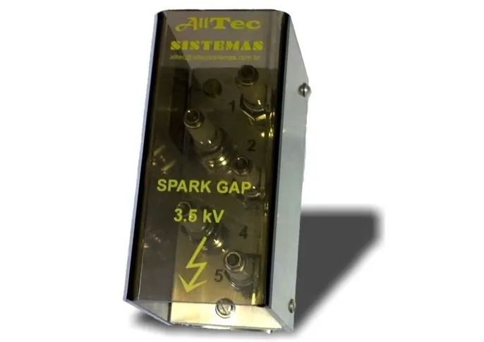 Spark Gap A046 da Alltec Sistemas: caixa com tampa transparente fumê, marcação 3,5 kV e cinco centelhadores numerados de 1 a 5